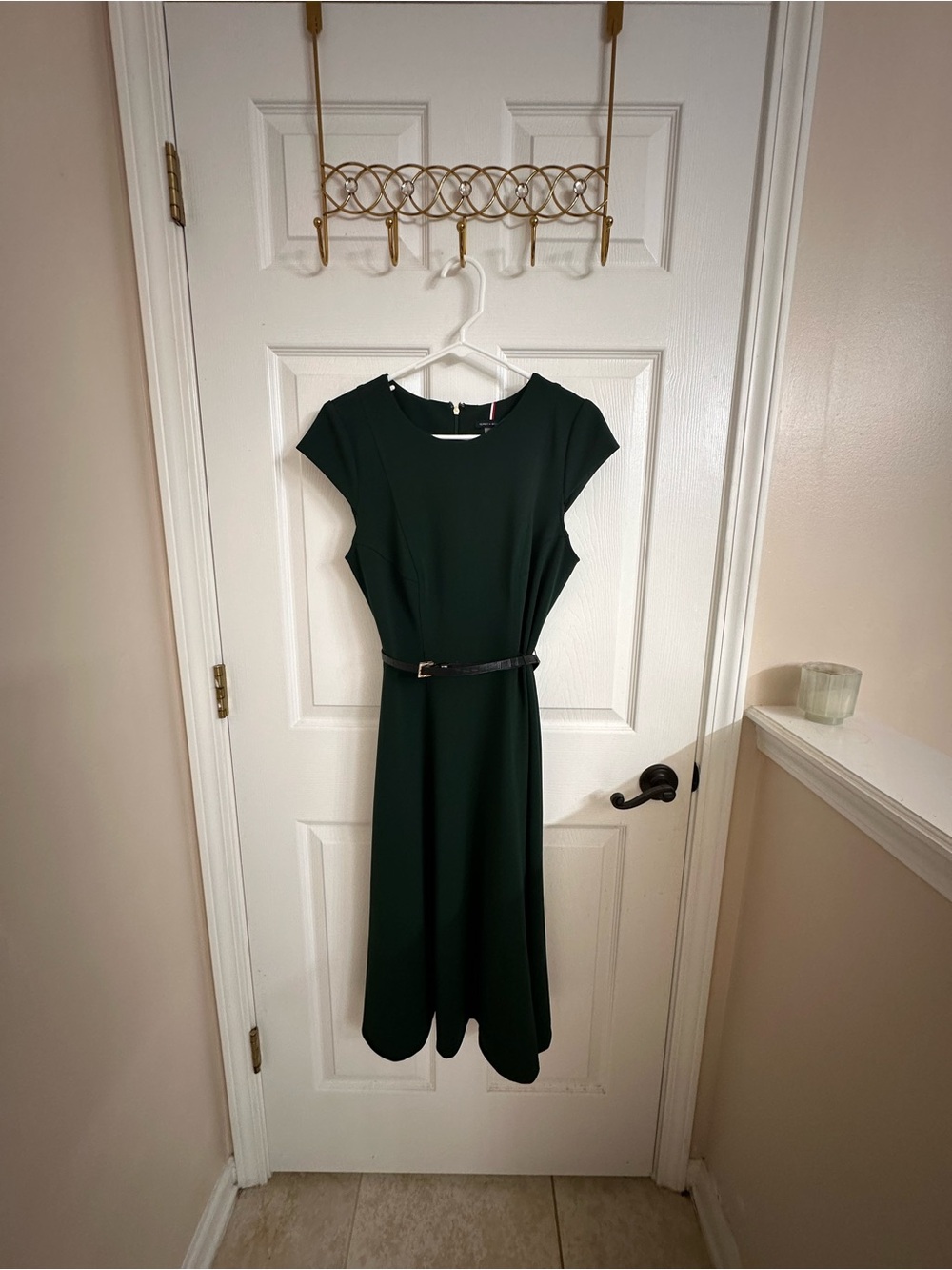 Tommy Hilfiger Dark Green Cap-Sleeve Midi Dress with Slim Belt